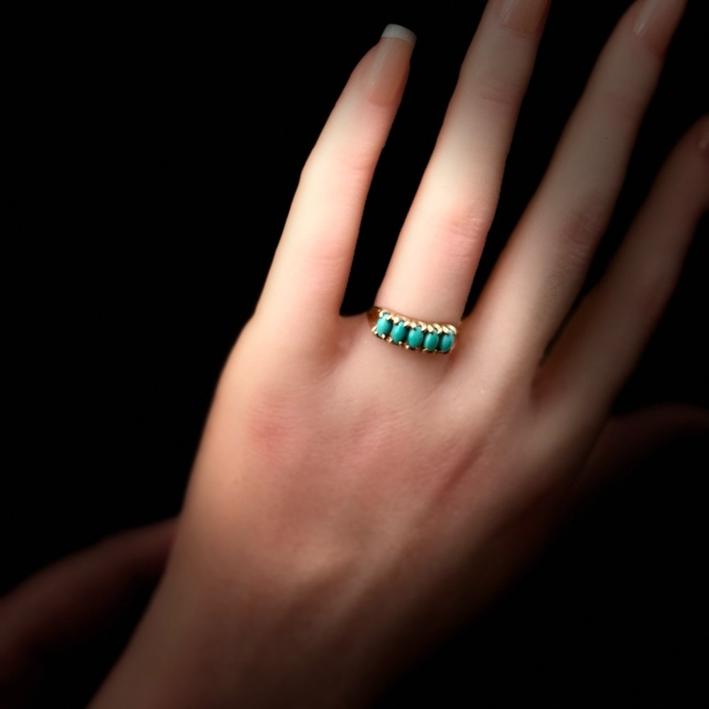 Sweet Antique 9ct Yellow Gold 5-Stone Turquoise Ring – Size 6 – Hallmarked 375 - Picture 4 of 11